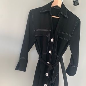 ZARA black shirt tie waist dress with white piping